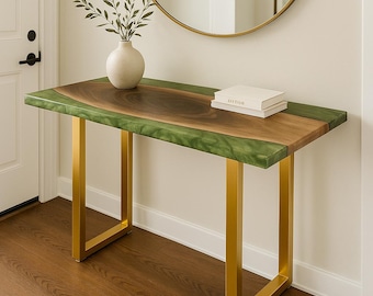 Green Resin and Wood Console Table – Customizable Entryway Furniture with Gold Legs |