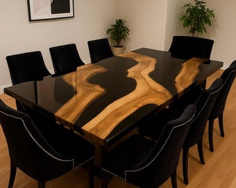 Handcrafted Walnut Wood River Dining Table: Black Epoxy Resin, Live Edge