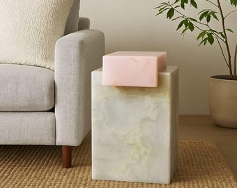 Elegant Pink Onyx Side Table – Natural Stone Accent Table with Light Option