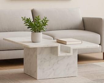 Handmade Carrara Marble Coffee Table | Modern Step-Design Living Room Furniture