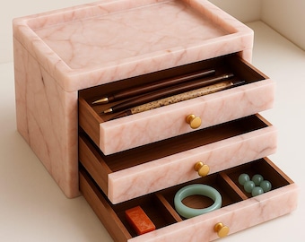 Pink Onyx Stone Box with Decorative Drawer | Luxury Storage Organizer | Cosmetics, Jewelry & Brush Holder