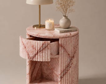 Pink Onyx Fluted Bedside Table with Drawer | Luxury Marble Round Plinth