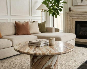 Toronto Marble Coffee Table, Round Natural Stone Pedestal Living Room Table