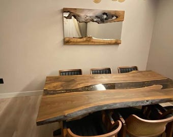 Handcrafted Live-Edge Walnut Dining Table: Black Resin River Design | Modern Centerpiece
