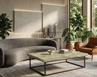 Green Onyx Marble Coffee Table, Mid-Century Modern Metal Base, Living Room Decor