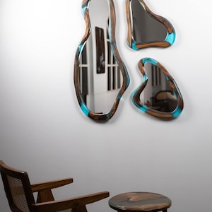 3 Pieces Natural wood and epoxy Wavy Wall Mirror – Handcrafted Resin & Natural Wood Mirror | Modern Luxury Home Décor Accent