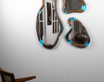 Espejo de pared ondulado de madera y resina hecho a mano - Decoración moderna para el hogar