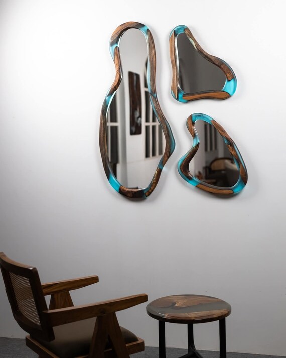 Handcrafted Wood & Resin Wavy Wall Mirror - Modern Home Decor