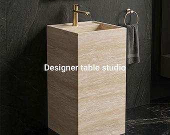 Travertine Stone Pedestal Bathroom Vanity | Beige Natural Stone Sink Cabinet, Modern long Washbesin.