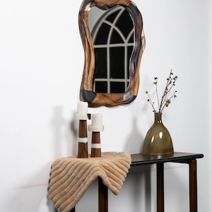 Artistic Organic Wavy Wall Mirror – Handcrafted Resin & Natural Wood Mirror | Modern Luxury Home Décor Accent