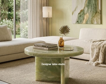 Handcrafted Green Onyx Coffee Table, Modern Sculptural Base, Natural Stone Accent Table