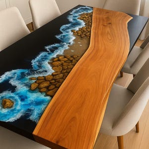 Ocean-Inspired Epoxy Resin River Table | Live Edge Wood Dining Table | Coastal Art Furniture | Centerpiece Table for Modern Homes with legs