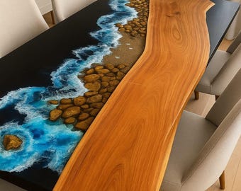 Mesa de comedor River de resina epoxi: madera de borde natural, arte costero