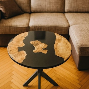 Modern Epoxy Resin Coffee Table | Live Edge Wood & Black Resin Round Side Table | Handmade Accent Table for Living Room or Office with legs