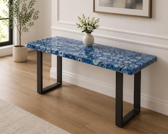 Blue Agate Stone Console Table | Handmade Modern Accent Table, Black Metal Legs
