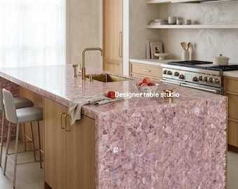 Custom Rose Quartz Countertop |  Onyx Bar Island Top | Dining Table