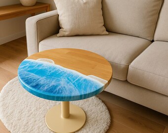 Tablero de mesa de madera de resina con diseño de olas del océano: mesa auxiliar o centro de mesa con decoración costera