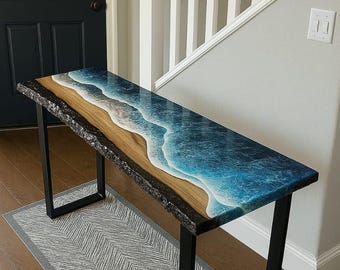 Consola de resina y madera con vista al mar: mueble de entrada personalizable con patas de hierro negro.