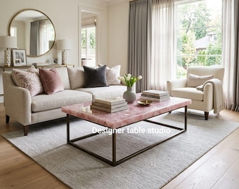 Rose Quartz Coffee Table, Mid-Century Modern Metal Base, Living Room Decor