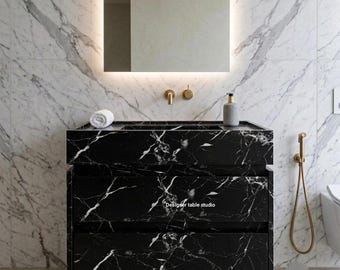 Custom Nero Marquina Floating Vanity | Integrated Sink, Wall Mounted Cabinet