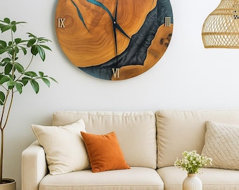 Large Rustic Resin Wall Clock – Handmade Wood & Epoxy Art Timepiece with Roman Numerals