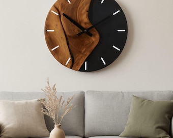 Handmade Wood & Black Resin Wall Clock: Silent Modern Decor
