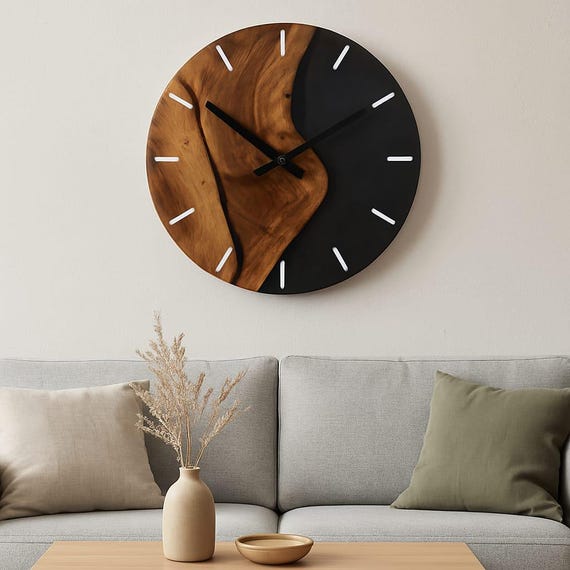 Handmade Wood & Black Resin Wall Clock: Silent Modern Decor