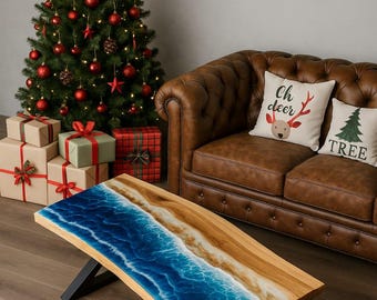 Mesa de centro de resina epoxi Ocean Wave: mesa de río hecha a mano con borde natural.