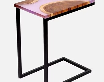 Handmade Resin & Wood Side Table: Modern River Design with Metal Legs