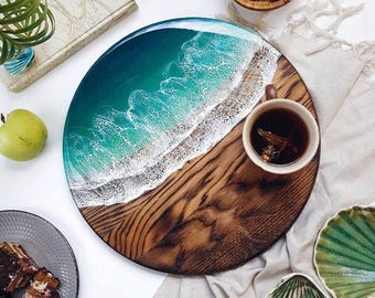 Ocean Resin Art Serving Tray – Handmade Round Wooden Beach Tray with Epoxy Wave Detail