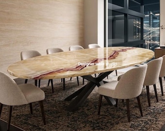 Custom Oval Onyx Marble Dining Table | Polished Stone Top, High-Contrast Veining