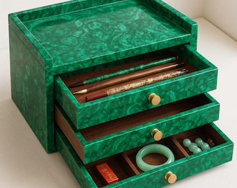 Malachite Green Stone Box with Decorative Drawer | Luxury Storage Organizer | Cosmetics, Jewelry & Brush Holder