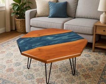 Mesa de centro de madera y resina epoxi roja hecha a mano: decoración rústica moderna