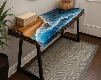 Consola de resina Ocean Wave: madera de canto vivo y hierro negro