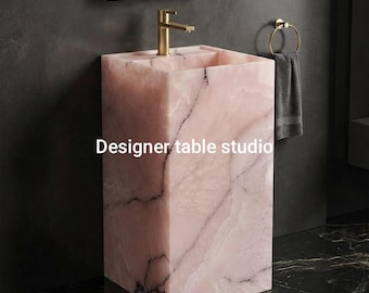 Pink Onyx Pedestal Bathroom Vanity | Pink Natural Stone Sink Cabinet, Modern long Wash besin.