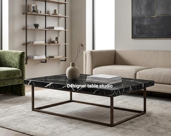 Black Marquina Marble Coffee Table | Modern Center Table with White Veining