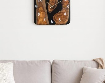 Reloj de pared de madera y resina negra hecho a mano: decoración silenciosa minimalista moderna