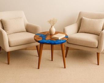 Blue Resin River Round Table | Handmade Wood & Epoxy Centerpiece
