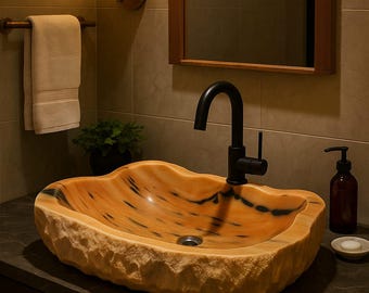 Natural Orange Onyx Stone Sink | Handcrafted Bathroom Vessel Basin | Luxury Marble Vanity Bowl
