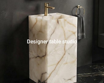 Modern Freestanding Natural Onyx Pedestal Basin | Luxury Marble Washbasin for Bathroom & Powder Room Sink