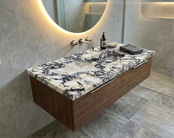 Calacatta Viola Marble Floating Vanity | Integrated Stone Sink, Modern Bathroom Furniture