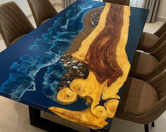 Mesa de comedor River de resina epoxi: madera de borde natural, arte costero