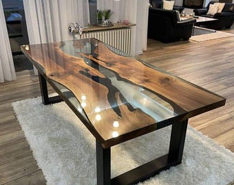 Handcrafted Live-Edge Walnut Dining Table: Black Resin River Design