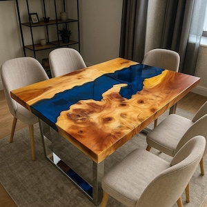 Luxury Epoxy Resin River Dining Table – Live Edge Wood & Blue Epoxy Table with Legs – Handmade Modern Kitchen or Dining Room Table
