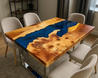 Live Edge Wood & Blue Epoxy Resin River Dining Table: Handmade Modern Design