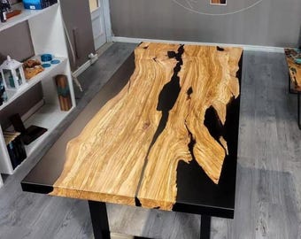 Black Epoxy Resin River Dining Table: Live Edge Wood Table with Legs