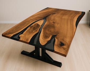 Live Edge Acacia Wood Dining Table: Clear Epoxy Resin, Modern X-Base
