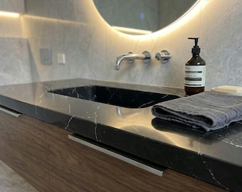 Calacatta Viola Marble Vanity | Integrated Sink, Floating Wood Base (Custom Size)