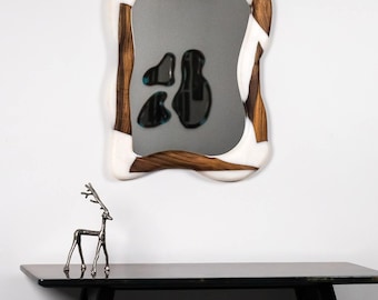 Handcrafted Resin and Wood Wavy Wall Mirror: Modern Home Luxury Living Room Decor