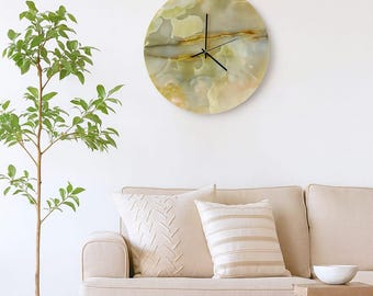 Handmade Green Onyx Wall Clock: Modern Minimalist Stone Decor